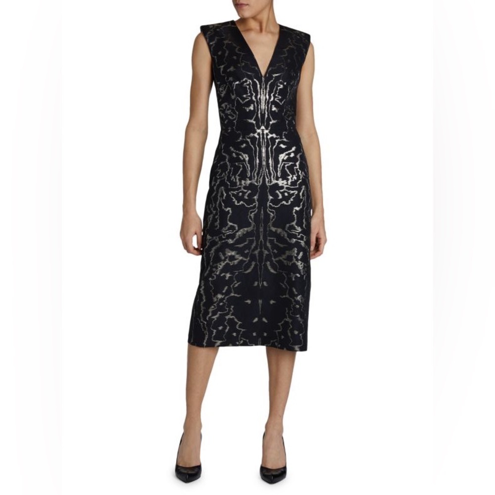 ALEXANDER MCQUEEN V-Neck Brocade-Print Sheath Dress